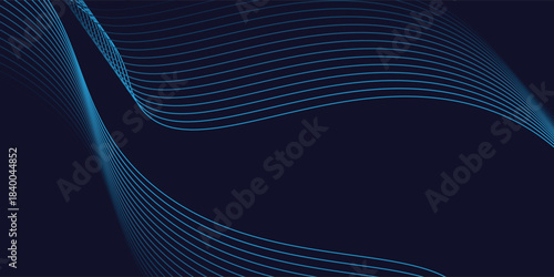 Dark abstract background with glowing wave. Shiny moving lines design element. Modern purple blue gradient flowing wave lines.
