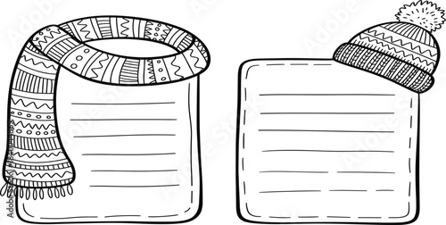 Set of two decorative note card frames wrapped with a patterned winter scarf and topped with a knitted hat, holiday border vector illustration