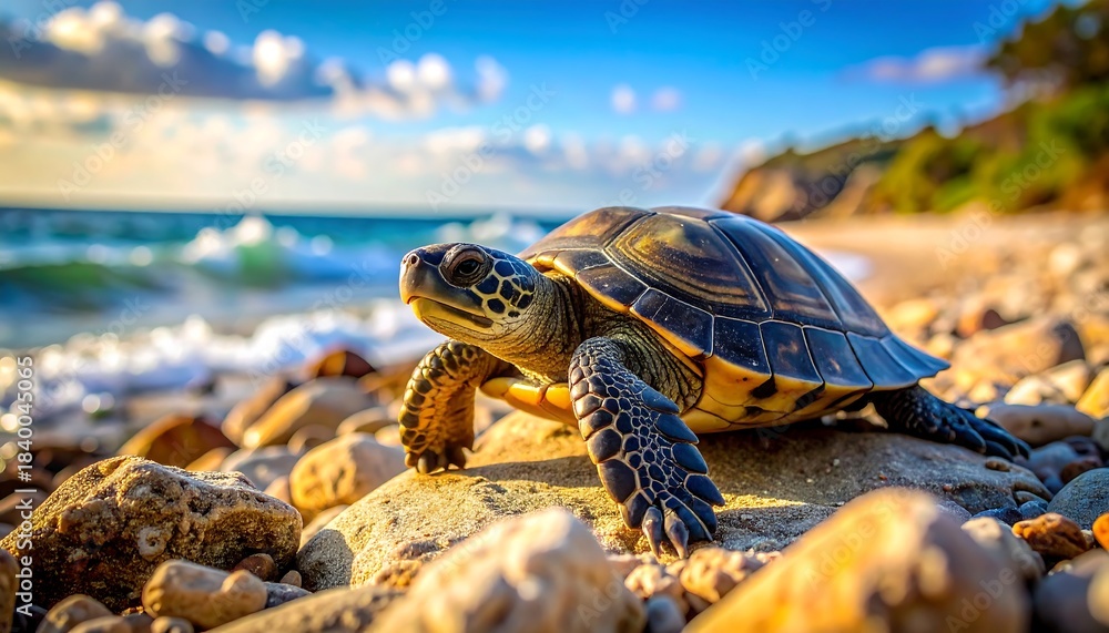 Obraz premium Sea turtle resting on a rocky beach, ocean waves softly crashing in the background under a bright, cloudy sky