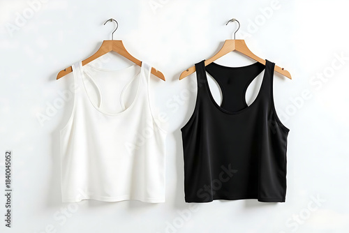 White and black cropped tank top on wooden clothes hangers isolated on white background