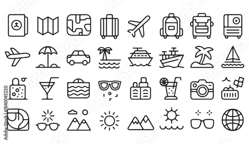 Simple line vacation and tourism icons for summer, adventure, flights, beaches, and holidays