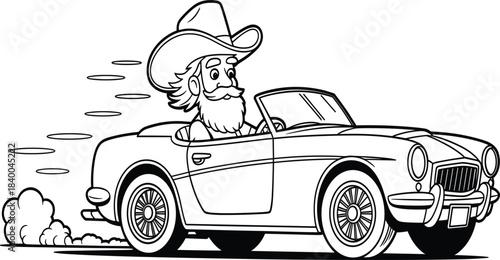 Smiling bearded man with cowboy hat driving a classic vintage convertible sports car, fun transportation coloring page line art illustration