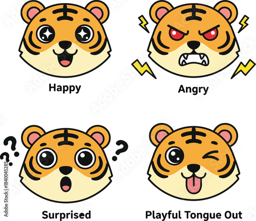 Four cute cartoon tiger faces showing different emotions like happy, angry, surprised, and playful, isolated on a white background.