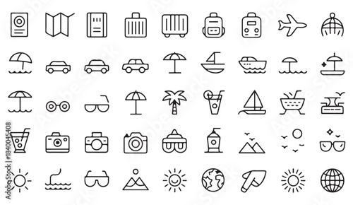 Outline style tourism icons including passport, taxi, sun, camera, and tropical island graphics