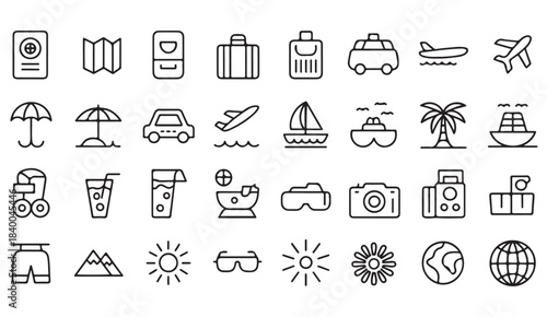 Linear travel symbols set showing transportation, beach items, world icons, and holiday imagery