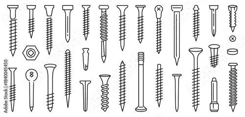 Metal Fasteners Outline Vector Set – Isolated Screws, Bolts, Nuts, and Hardware Elements in Clean Line Art Style for Technical Illustration and Engineering Design