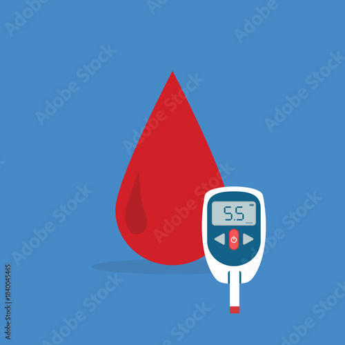 Diabetic glucose measuring device with indication sugar level on a display. High glucose diabetes risk. Glucometer and blood drop.	