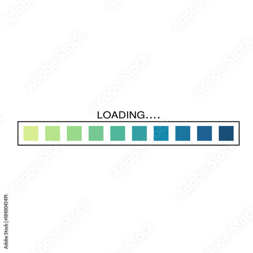 Colorful loading bar progress indicator with gradient squares and text on a clean white background.