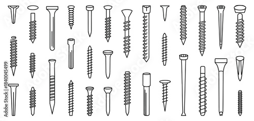 Metal Fasteners Outline Vector Set – Isolated Screws, Bolts, Nuts, and Hardware Elements in Clean Line Art Style for Technical Illustration and Engineering Design