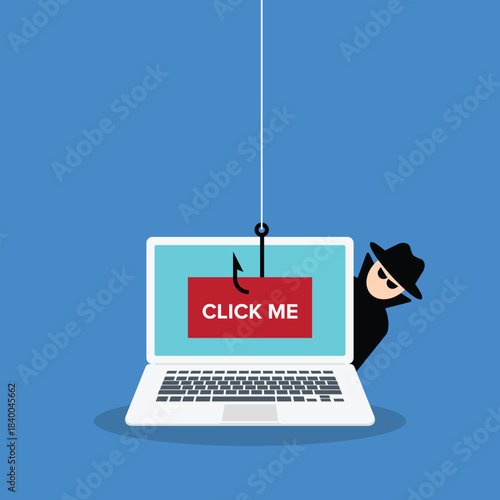 Click me bait used by scammer, hacker trying to steal confidential data, personal information and credit card detail a laptop computer. 