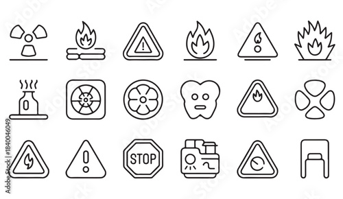 Minimal outline icons representing danger, warning, toxic and safety symbols