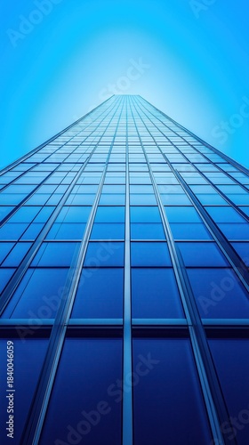 Wallpaper Mural Deep perspective view of a blue glass skyscraper building with reflective facade set against a clear sky background Torontodigital.ca