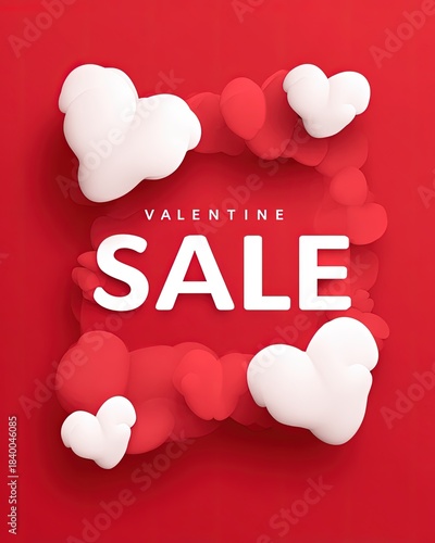Valentine sale with red background and white hearts.  Creative valentine’s day sale banner with bold white text on a red background surrounded by 3d hearts.