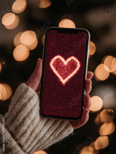 Glowing heart on phone screen in romantic night. Valentine´s day concept