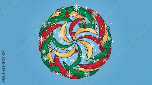 Holiday Ornament Design: A captivating circular design, vibrant in red, green, and gold, adorned with festive details of snowflakes, leaves, and berries, symbolizing the holiday spirit.