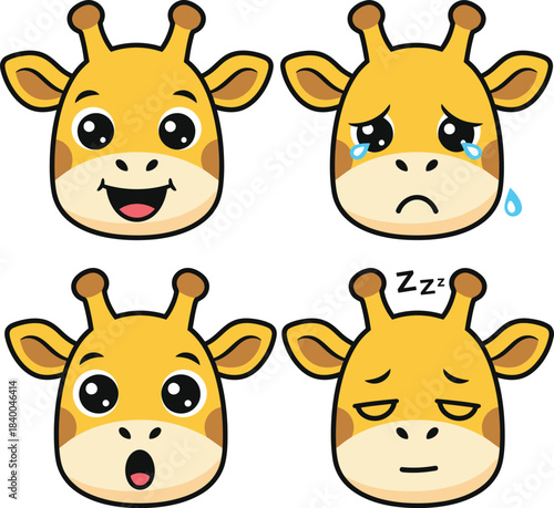 Four cartoon giraffe faces expressing different emotions like happiness, sadness, surprise, and sleepiness.