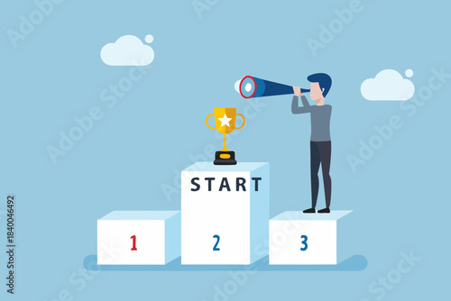 Man on podium looking through telescope towards future success