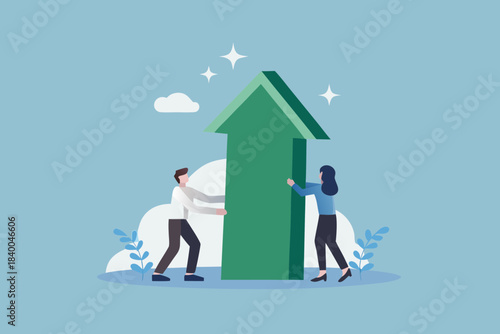 Teamwork pushing a large arrow upwards business growth and success concept
