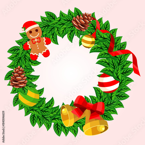 Cute Christmas wreath with gingerbread man, pine cones, ribbons and ornaments. Ideal for cards, packaging, stickers, craft projects and digital prints.