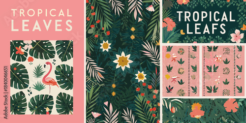 Tropical leaves and flowers pattern collection with flamingo illustration