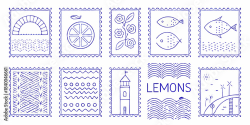 Hand drawn mediterranean elements in stamp style blue on white background