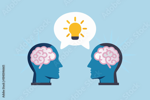 Two heads with brains sharing an idea represented by a lightbulb