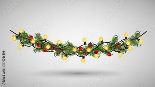 Festive Garland of Light and Cheer: A beautifully adorned garland, interwoven with twinkling lights, festive ornaments, and evergreen boughs, evokes a sense of holiday magic and joy.