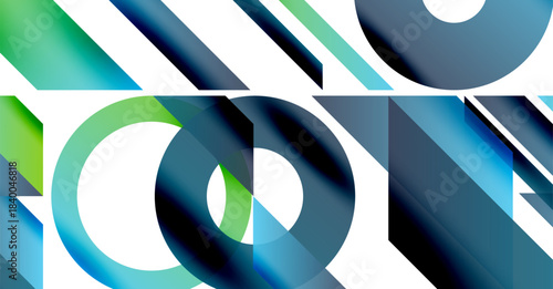 Abstract geometric composition. Overlapping circles, lines create dynamic visual effect. Blue, green hues dominate design. Modern, clean aesthetic.