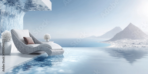 Luxurious infinity pool with modern lounge chair overlooks serene ocean and mountain landscape under clear blue sky, creating tranquil and relaxing atmosphere