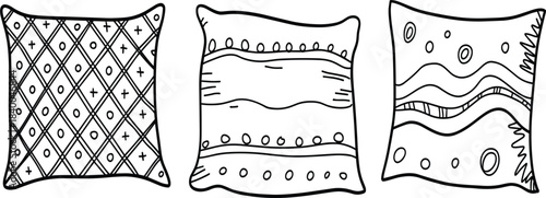 Set of three patterned square pillows or cushions with geometric, stripe, and wave designs, hand-drawn home decor outline vector illustration