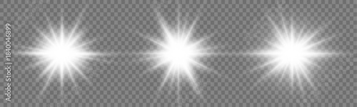 White sparkling star shines with radiant glow and glitter effects. Light spreads outward in dynamic rays. Ideal for cosmic or holiday designs. 