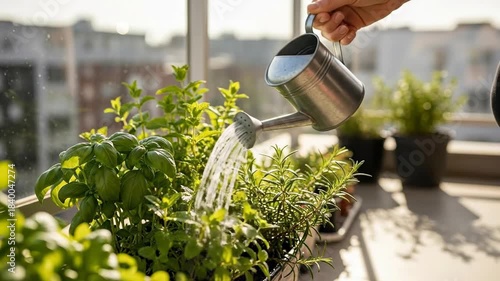 Watering Fresh Green Herbs in Pots on a Sunny Balcony Garden.