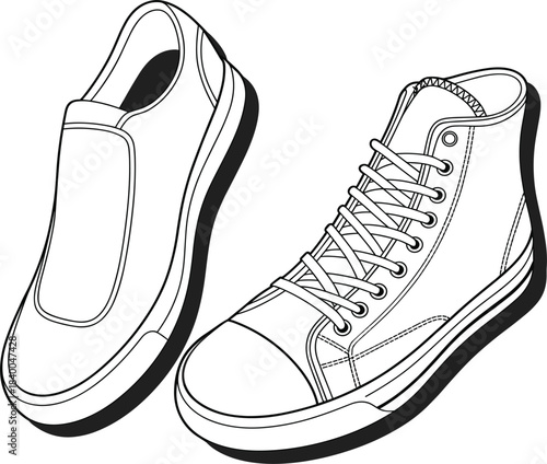 Pair of black and white outline high-top sneakers, one slip-on and one laced canvas shoe, fashion footwear coloring page vector illustration