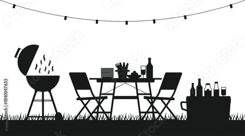 Black silhouette of a barbecue grill table chairs drinks and string lights on grass bottles