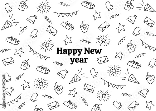 A seamless new year and winter pattern illustrated in simple black-and-white doodle line art. For new year background, banner, cover, social media