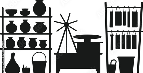 Black silhouette of pottery studio equipment including shelves with pots a potter's wheel and hanging tools