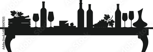 Black silhouette of wine bottles glasses grapes cheese and decanter on a table wine glasses