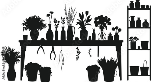 Black silhouette of a flower shop display with vases plants buckets and tools florist table