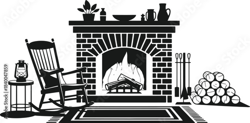 Black silhouette of a cozy fireplace scene with rocking chair and lantern wood pile fireplace tools