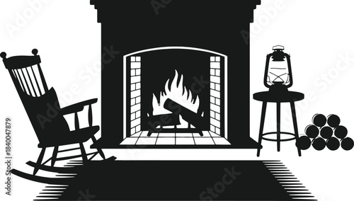 Silhouette of a rocking chair by a fireplace with a lantern and logs vector