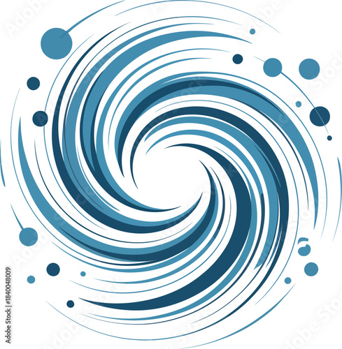 Dynamic blue swirl with scattered circles represents energy and motion