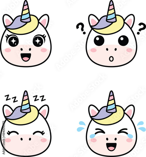 Four cute cartoon unicorn emojis displaying various emotions like happiness, confusion, sleepiness, and crying, isolated on a white background.