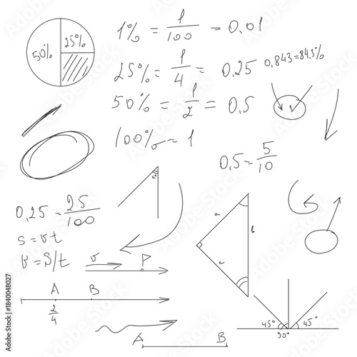 School math formulas, triangles and circles, black and white sketch. Vector illustration. Trigonometric and algebraic equations, lines and arrows isolated on white background. Lesson and lecture notes