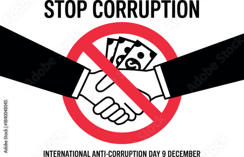 Say no to corruption and bribery with a handshake and money crossed out.