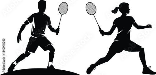 Set of male and female badminton player silhouettes in action poses, holding rackets, sports, and athletic activity vector illustration