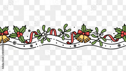 Festive Ornament Border: A vibrant holiday border with holly leaves, mistletoe sprigs, red ribbons and golden bells, exuding the spirit of the season.