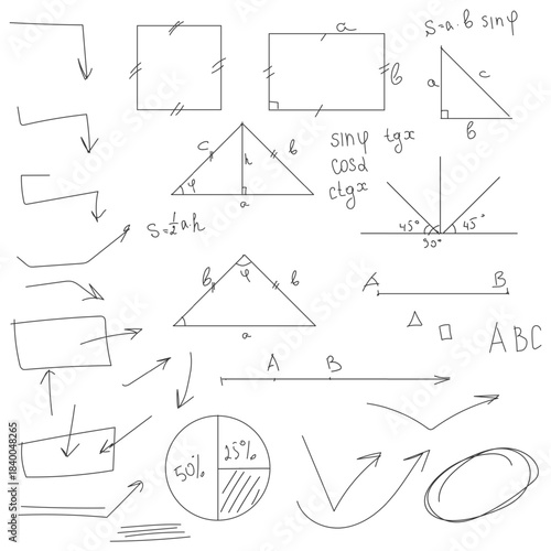 School math figures and circles, black and white sketch. Vector illustration. Trigonometric and algebraic equations, formulas and arrows isolated on a white background. Lesson and lecture notes