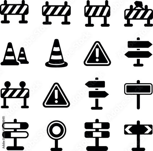 Collection of traffic and road safety signs and barriers for construction zones and navigation