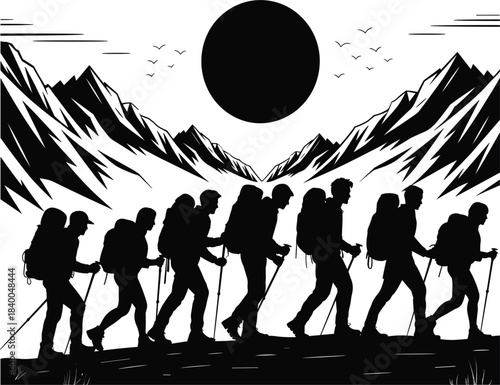 Silhouette line of seven hikers with large backpacks and trekking poles walking against mountains and sun, outdoor adventure vector illustration