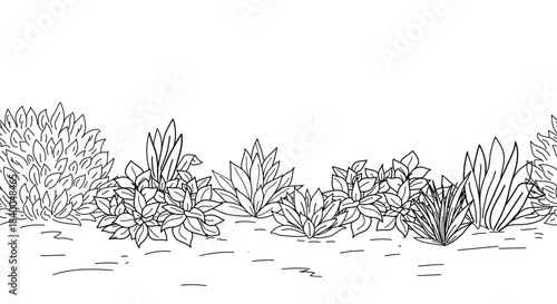 Lush bushes with leaves, greenery over field of spring grass, sketch. Vector illustration. Panorama of nature scene with meadow, landscape park on seamless border pattern, isolated on white background
